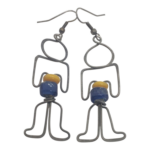 Vintage Jewelry - Vintage Earrings Wire Figural Man Person Handmade 1970s Person Boho Glass Beads